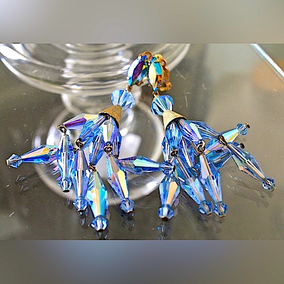 LEWIS SEGAL OF CALIFORNIA EARRINGS CLIP DANGLE BLUE AURORA BOREALIS 3.5 VINTAGE - Picture 5 of 8